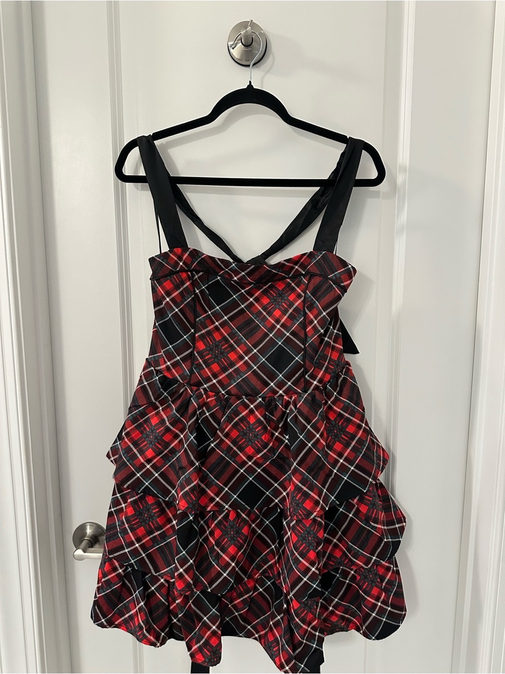 Francesca's Collections Red and Black Plaid Tiered Dress with Black Straps